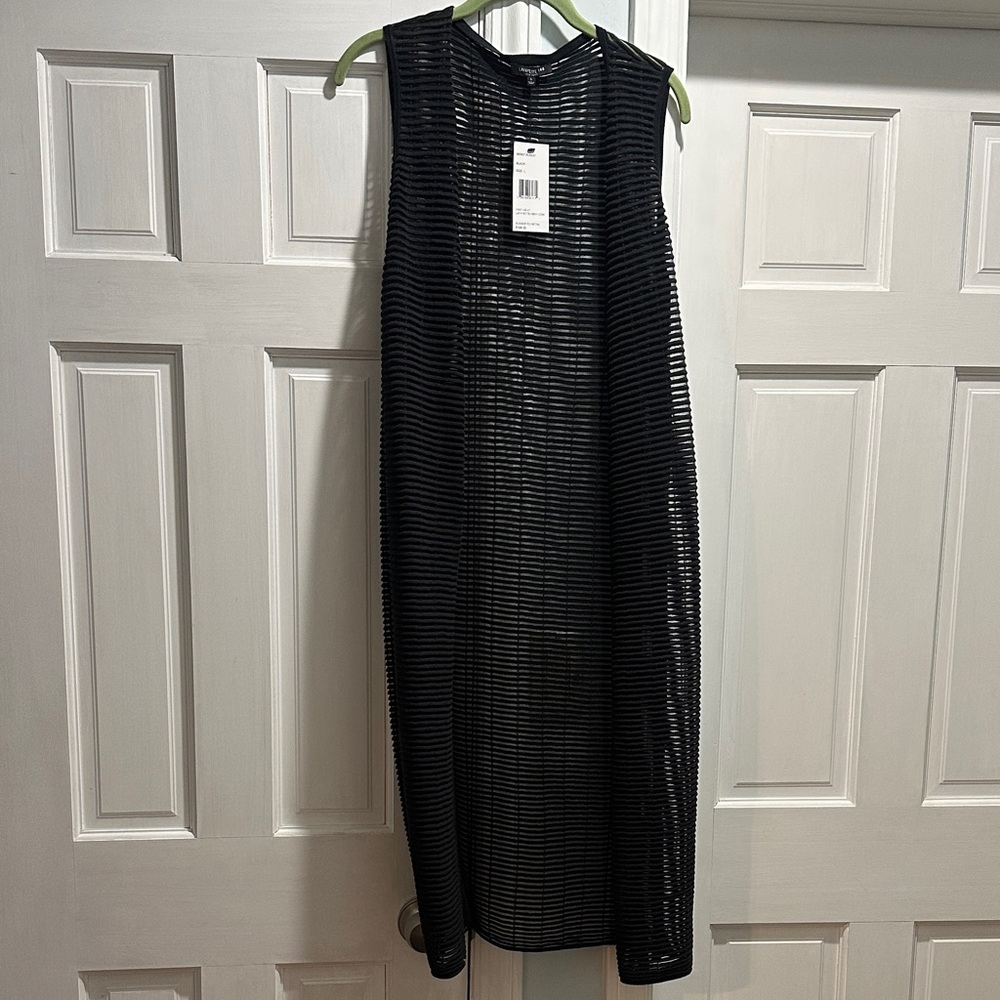 Lafayette 148 New York Black Sleeveless Striped Mesh Midi Dress